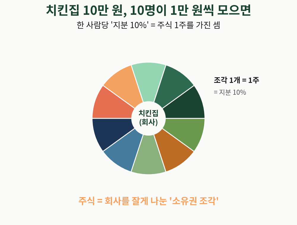 치킨집 10만 원을 10명이 1만 원씩 나눠 가지면 각자 지분 10%